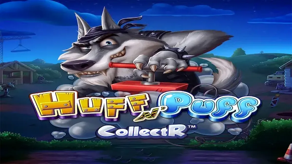 Tampilan visual permainan slot Huff N’ Puff CollectR dengan karakter babi dan serigala