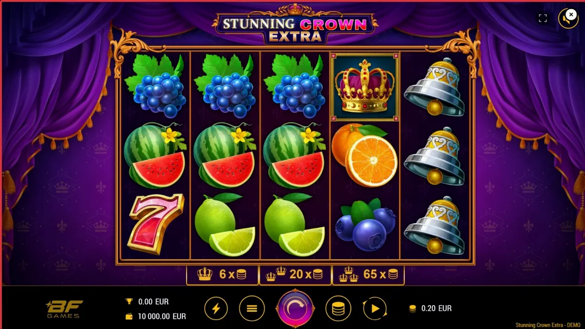 Tampilan antarmuka slot Stunning Crown Extra di perangkat seluler dengan latar belakang kastil yang megah