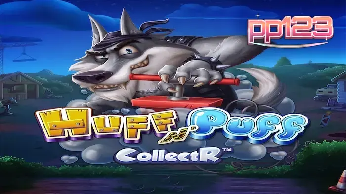 Tampilan antarmuka mobile game slot Huff N' Puff CollectR dengan grafis kartun yang cerah
